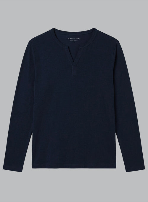 Navy Long-Sleeve Tunisian Shirt in Cotton / Linen - MAJESTIC FILATURES