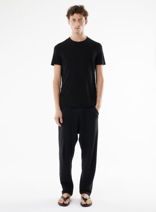 Black Short Sleeve Round Neck Linen/Elastane T-shirt - MAJESTIC FILATURES