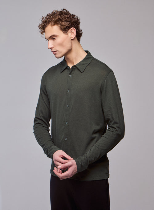 Green Shirt Long Sleeve Shirt in Cotton / Cashmere - MAJESTIC FILATURES