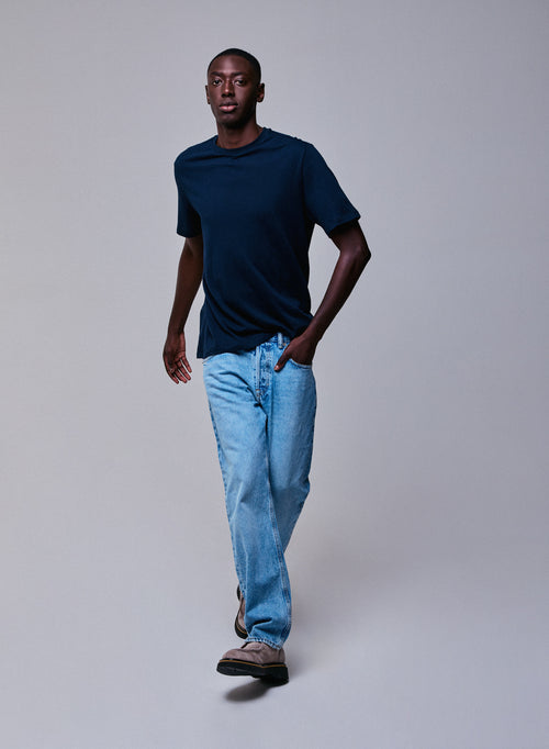 Marine T-Shirt mit Rundhalsausschnitt und kurzen Ärmeln aus Baumwolle und Kaschmir - MAJESTIC FILATURES