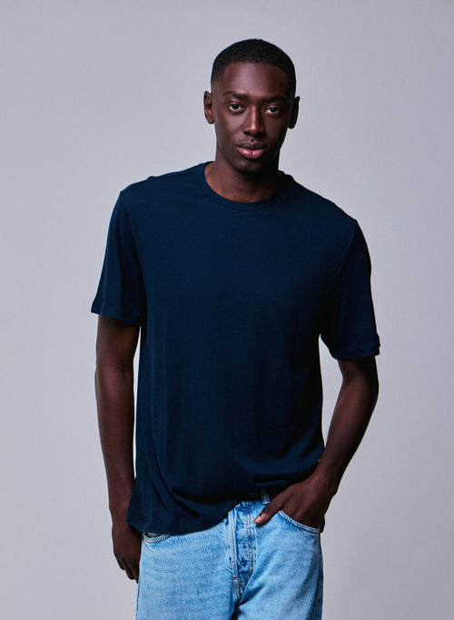 Marine T-Shirt mit Rundhalsausschnitt und kurzen Ärmeln aus Baumwolle und Kaschmir - MAJESTIC FILATURES