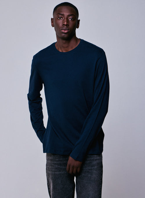 Marineblaues Langarm-T-Shirt mit Rundhalsausschnitt aus Baumwolle und Kaschmir - MAJESTIC FILATURES