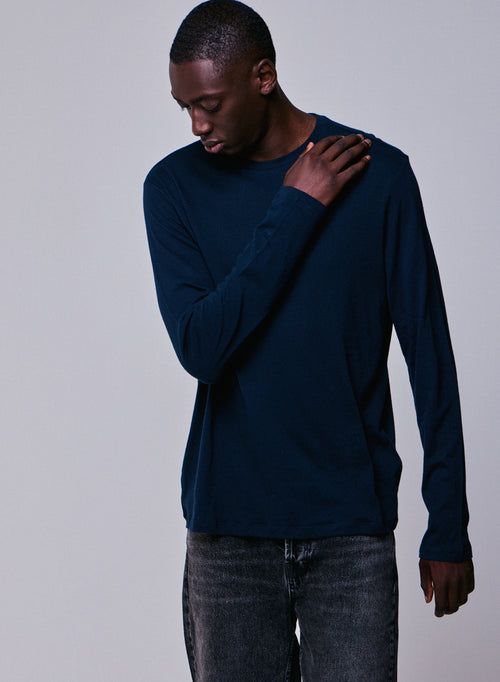 Marineblaues Langarm-T-Shirt mit Rundhalsausschnitt aus Baumwolle und Kaschmir - MAJESTIC FILATURES