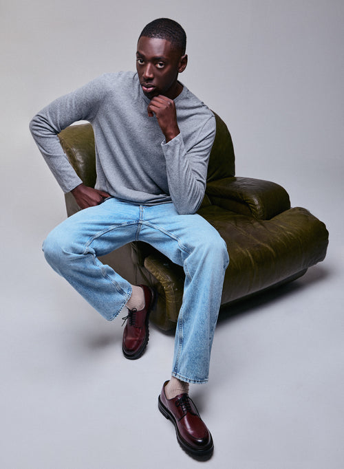 Graues Langarm-T-Shirt mit Rundhalsausschnitt aus Baumwolle / Kaschmir - MAJESTIC FILATURES