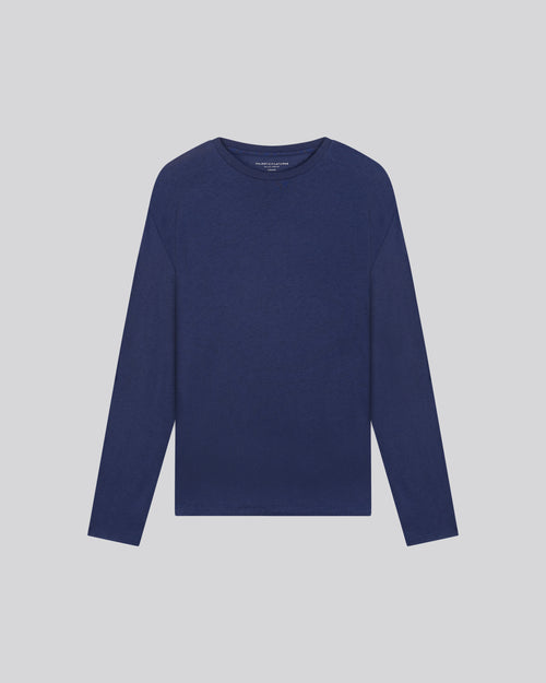 Camiseta de manga larga con cuello redondo azul en algodón / cachemira - MAJESTIC FILATURES