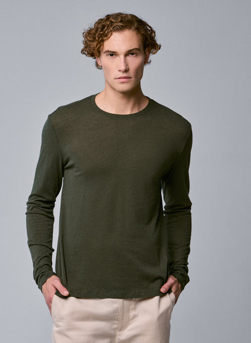 T-shirt Vert Col Rond Manches Longues en Coton / Cachemire - MAJESTIC FILATURES