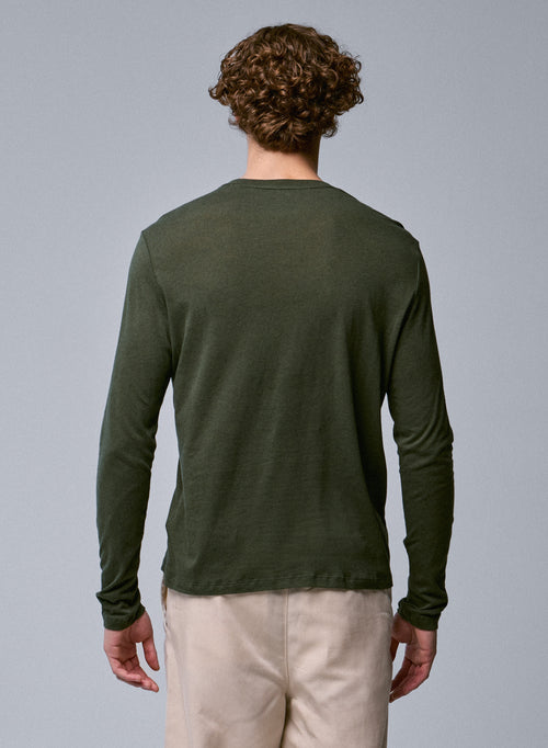 T-shirt Vert Col Rond Manches Longues en Coton / Cachemire - MAJESTIC FILATURES