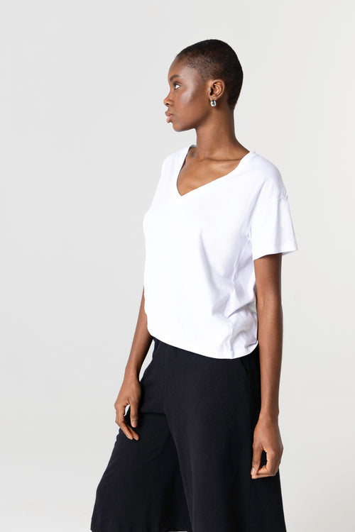 T-shirt Blanc Col V Manches Courtes en Coton organique - MAJESTIC FILATURES