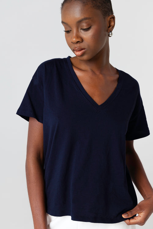 T-shirt Marine Col V Manches Courtes en Coton Organique - MAJESTIC FILATURES