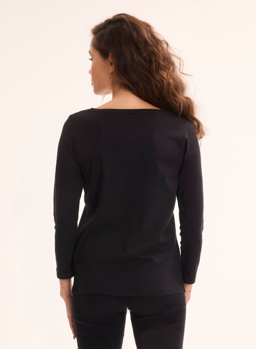 Black 3/4 Sleeve Boat Neck Organic Cotton T-shirt - MAJESTIC FILATURES