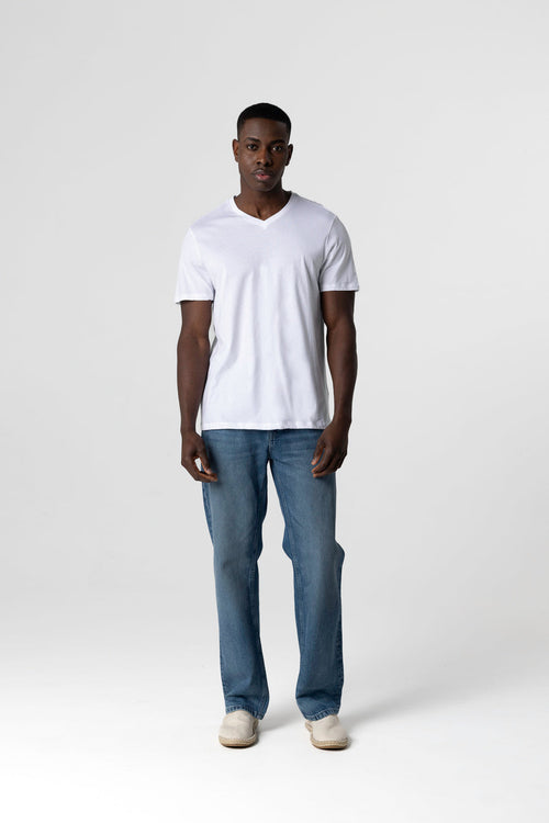 White Paul Short Sleeve V-Neck Cotton T-Shirt - MAJESTIC FILATURES