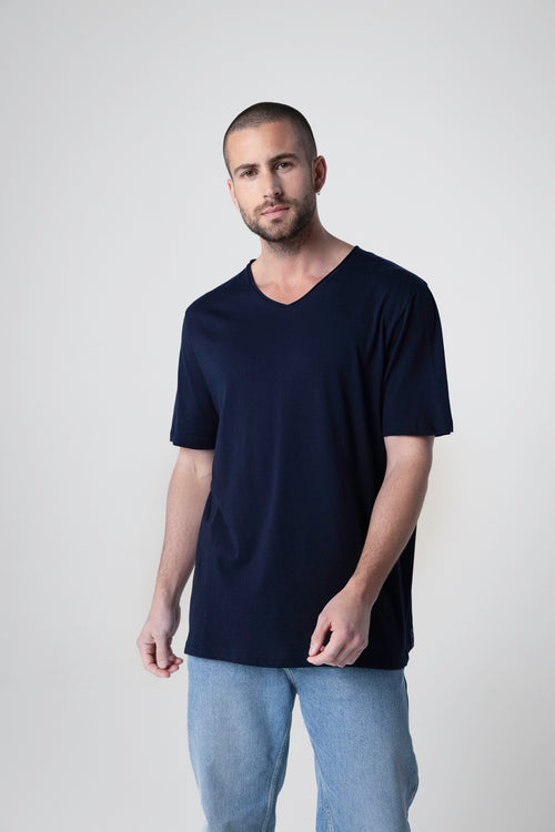 T-shirt Marine Col V Manches Courtes en Coton organique - MAJESTIC FILATURES