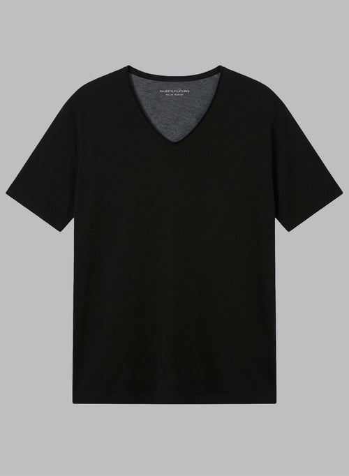Kurzarm-T-Shirt mit V-Ausschnitt aus Bio-Baumwolle in Schwarz - MAJESTIC FILATURES