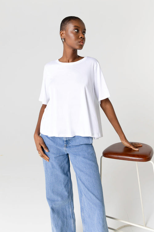 T-shirt Blanc Col Rond Manches Courtes en Coton Supima - MAJESTIC FILATURES