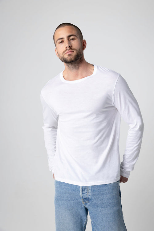 Langarm T-Shirt mit Rundhalsausschnitt aus Supima-Baumwolle in Weiß - MAJESTIC FILATURES