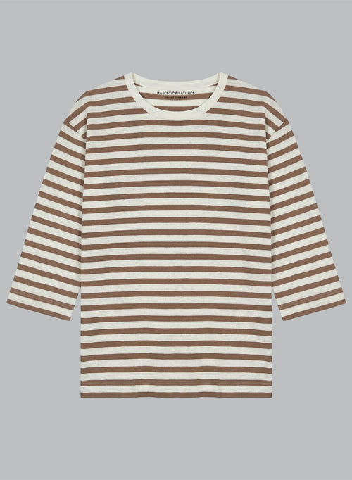 T-shirt Marron Col Bateau Manches Trois quarts en Coton / Lin - MAJESTIC FILATURES