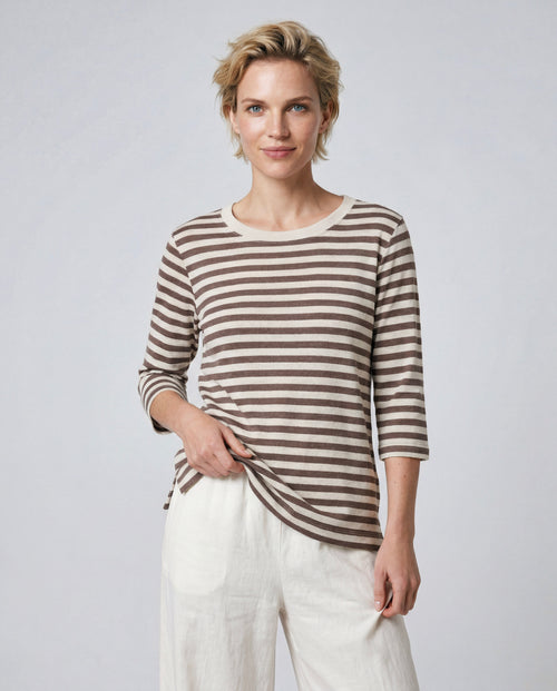 T-shirt Marron Col Bateau Manches Trois quarts en Coton / Lin - MAJESTIC FILATURES