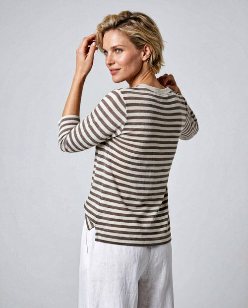 T-shirt Marron Col Bateau Manches Trois quarts en Coton / Lin - MAJESTIC FILATURES