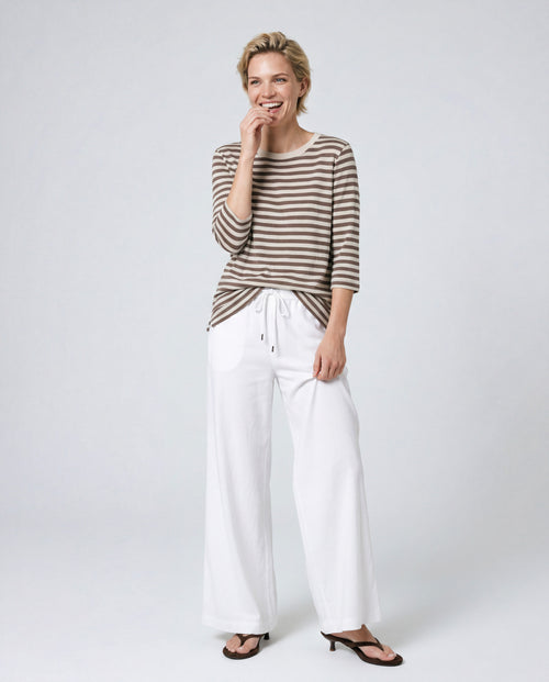 T-shirt Marron Col Bateau Manches Trois quarts en Coton / Lin - MAJESTIC FILATURES