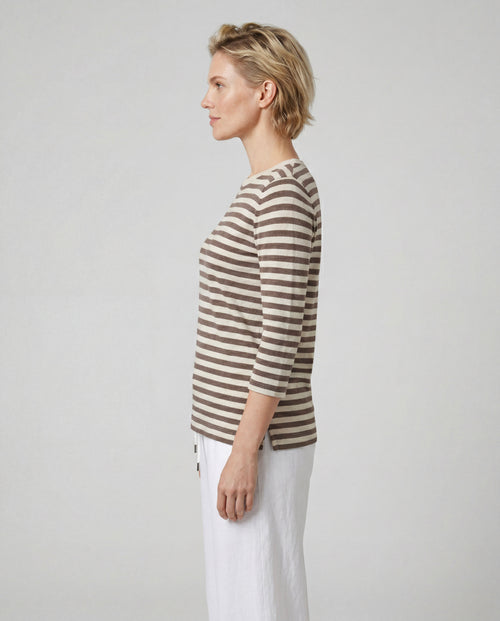 T-shirt Marron Col Bateau Manches Trois quarts en Coton / Lin - MAJESTIC FILATURES
