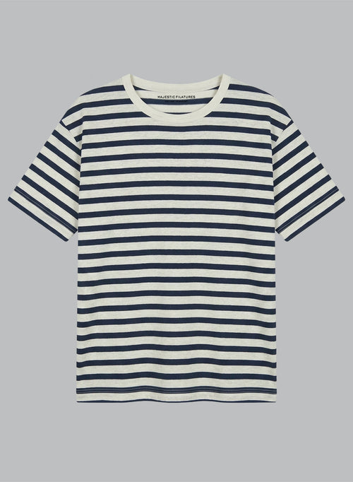 Navy Striped Round-Neck Short-Sleeve Cotton / Linen T-Shirt - MAJESTIC FILATURES