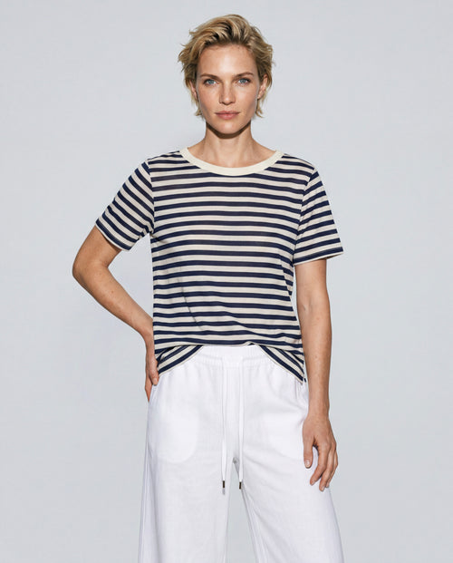 Navy Striped Round-Neck Short-Sleeve Cotton / Linen T-Shirt - MAJESTIC FILATURES