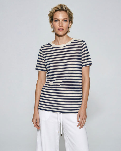 Navy Striped Round-Neck Short-Sleeve Cotton / Linen T-Shirt - MAJESTIC FILATURES