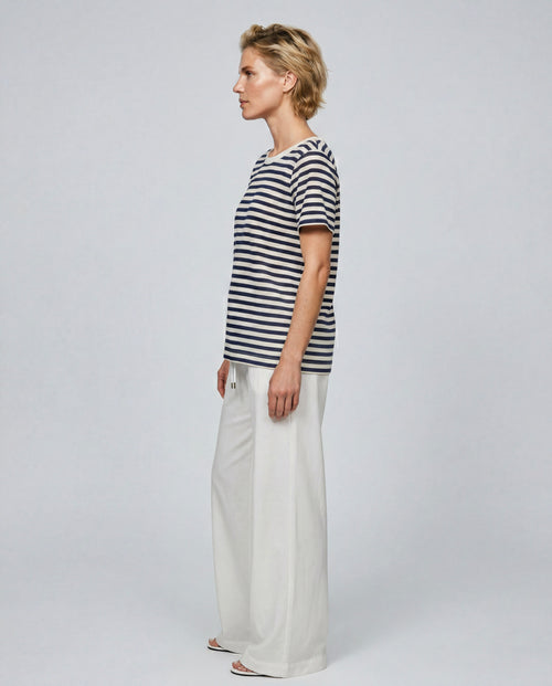 Navy Striped Round-Neck Short-Sleeve Cotton / Linen T-Shirt - MAJESTIC FILATURES