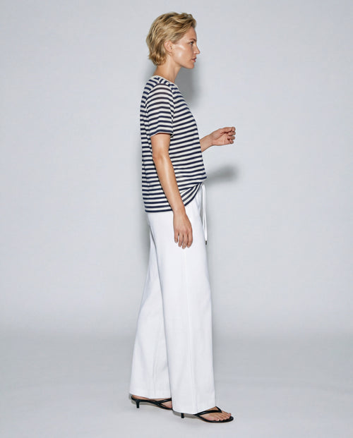 Navy Striped Round-Neck Short-Sleeve Cotton / Linen T-Shirt - MAJESTIC FILATURES