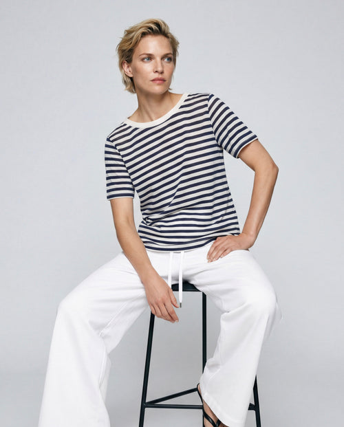 Navy Striped Round-Neck Short-Sleeve Cotton / Linen T-Shirt - MAJESTIC FILATURES