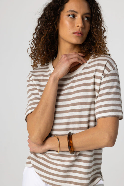 Brown Stripe Round Neck Short Sleeve T-shirt in Cotton / Linen - MAJESTIC FILATURES