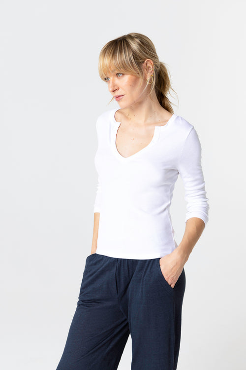 White V-neck Three-Quarter-Sleeve Viscose / Elastane T-shirt - MAJESTIC FILATURES