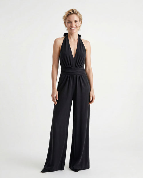Black Tie-Neck Cupro / Elastane Jumpsuit  - MAJESTIC FILATURES