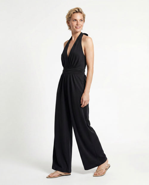 Black Tie-Neck Cupro / Elastane Jumpsuit  - MAJESTIC FILATURES