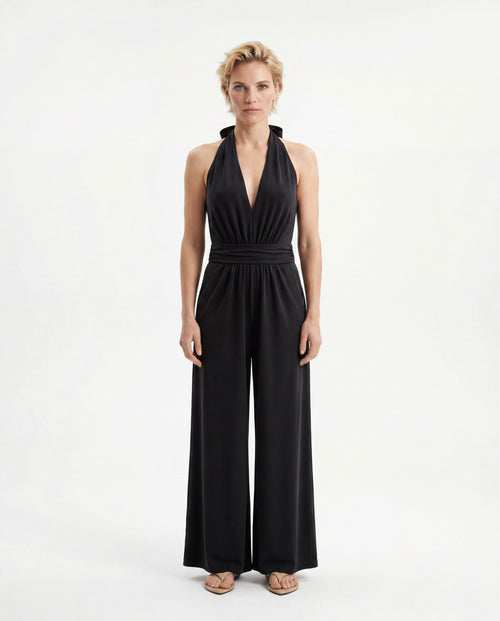 Black Tie-Neck Cupro / Elastane Jumpsuit  - MAJESTIC FILATURES