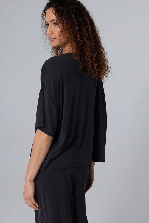 Camiseta negra cuello redondo y manga corta en cupro/elastano - MAJESTIC FILATURES