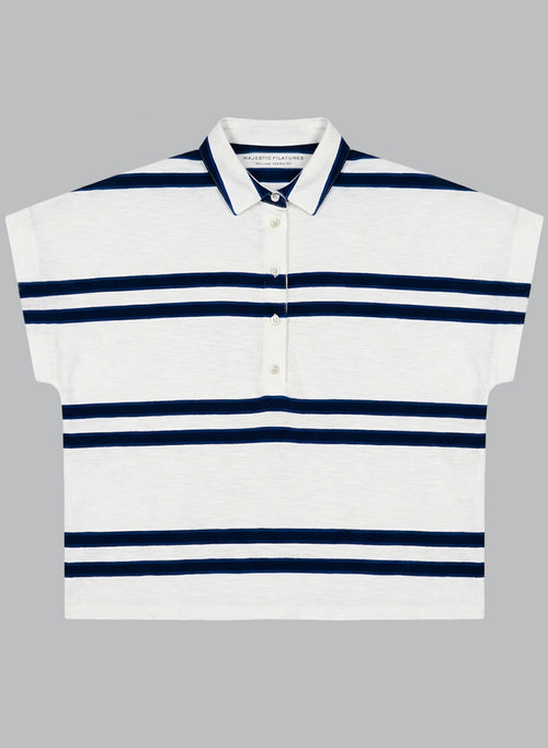 Weiß gestreiftes kurzarm T-Shirt mit Polokragen aus Bio-Baumwolle - MAJESTIC FILATURES