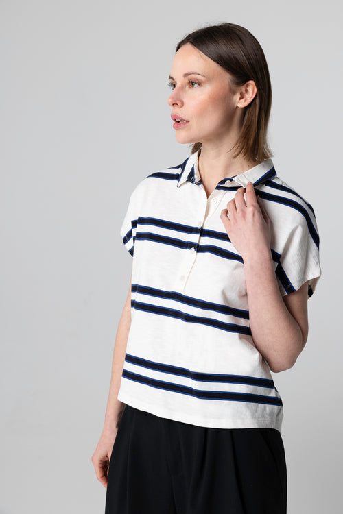 Weiß gestreiftes kurzarm T-Shirt mit Polokragen aus Bio-Baumwolle - MAJESTIC FILATURES