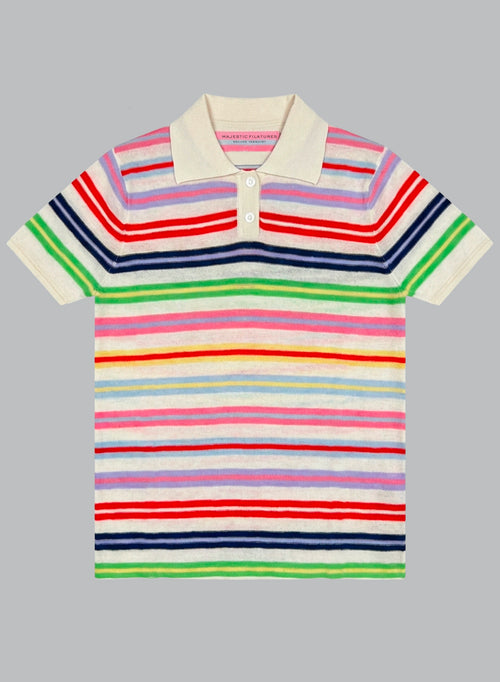 Milk Striped Short-Sleeve Extrafine Cashmere Polo - MAJESTIC FILATURES