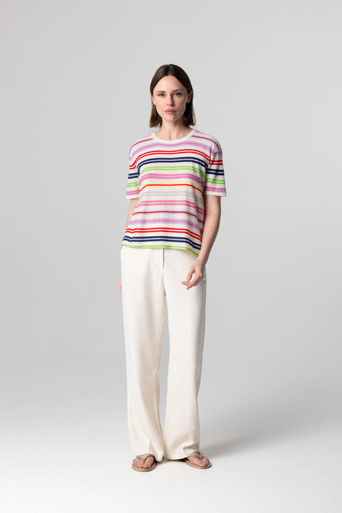 T-shirt Blanc Col Rond Manches Courtes en Cachemire extrafine - MAJESTIC FILATURES