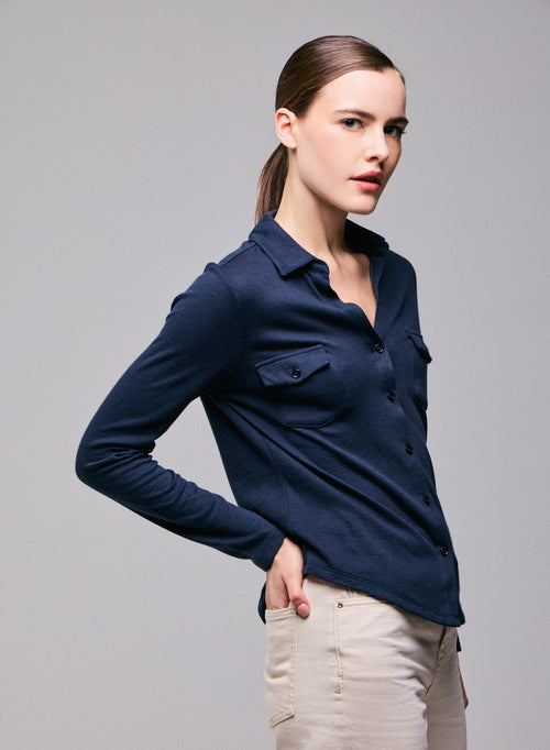 Camisa Azul / Gris Camisa de Manga Larga en Algodón Orgánico / Cachemir - MAJESTIC FILATURES