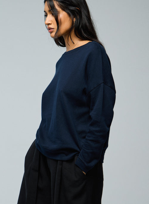 Blue / Grey Round Neck Long Sleeve Sweatshirt in Organic Cotton / Cashmere - MAJESTIC FILATURES