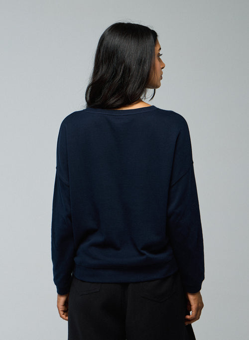 Blue / Grey Round Neck Long Sleeve Sweatshirt in Organic Cotton / Cashmere - MAJESTIC FILATURES