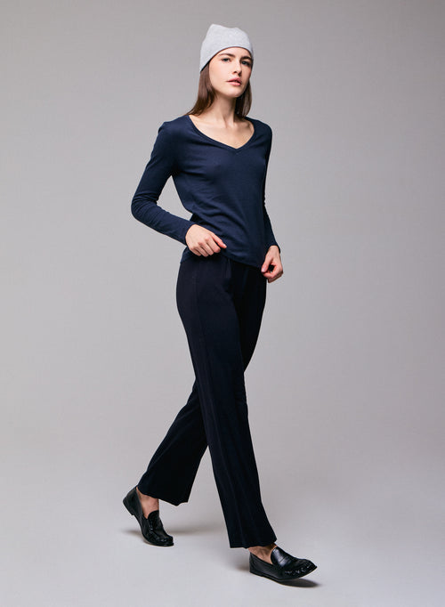 Blau / Grau Langarm-T-Shirt mit V-Ausschnitt aus Bio-Baumwolle / Kaschmir - MAJESTIC FILATURES