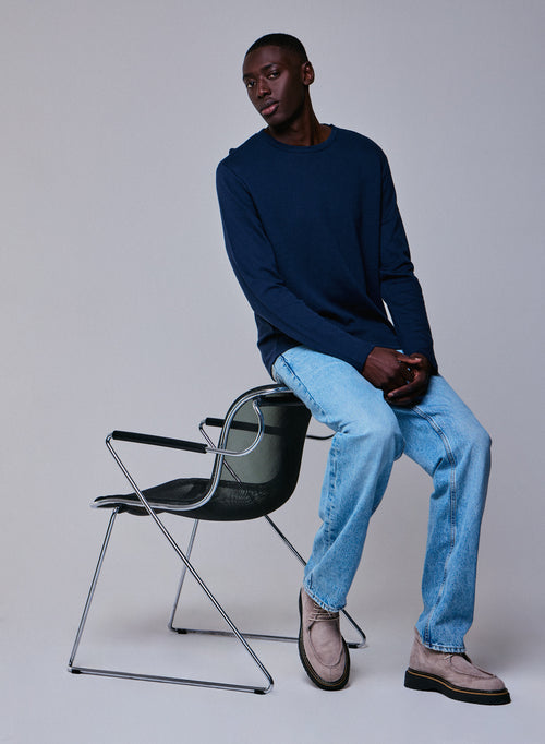 Blue / Grey Round Neck Long Sleeve T-shirt in Organic Cotton / Cashmere - MAJESTIC FILATURES