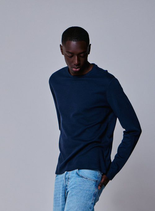 Blue / Grey Round Neck Long Sleeve T-shirt in Organic Cotton / Cashmere - MAJESTIC FILATURES