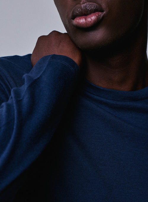 Blue / Grey Round Neck Long Sleeve T-shirt in Organic Cotton / Cashmere - MAJESTIC FILATURES