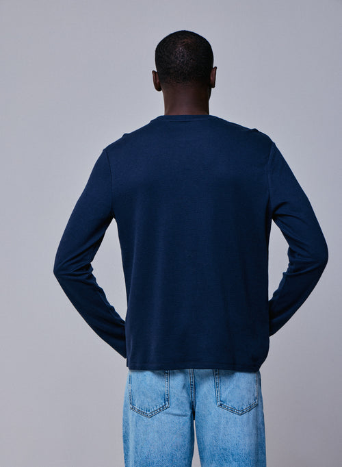 Blue / Grey Round Neck Long Sleeve T-shirt in Organic Cotton / Cashmere - MAJESTIC FILATURES