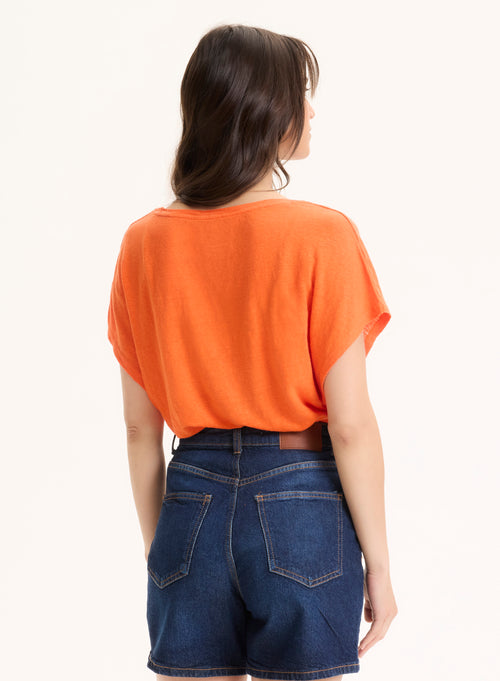 Orange V-Neck Short Sleeve Linen / Elastane T-Shirt - MAJESTIC FILATURES