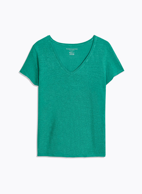 Camiseta verde de manga corta de lino / elastano con cuello en V - MAJESTIC FILATURES